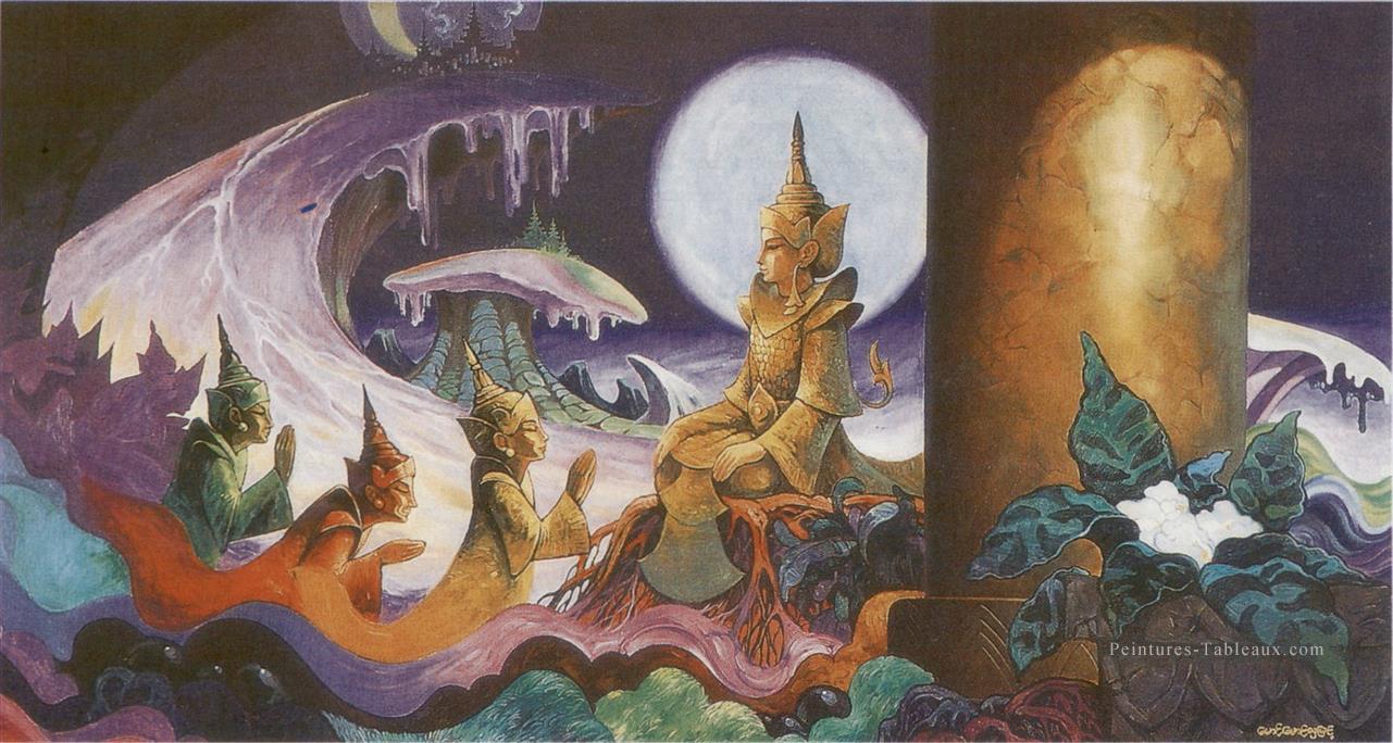 les dévas implorant le Bodhisatta un Deva santussita dans le ciel Tusita pour renaître sur le bouddhisme de la terre Peintures à l'huile
